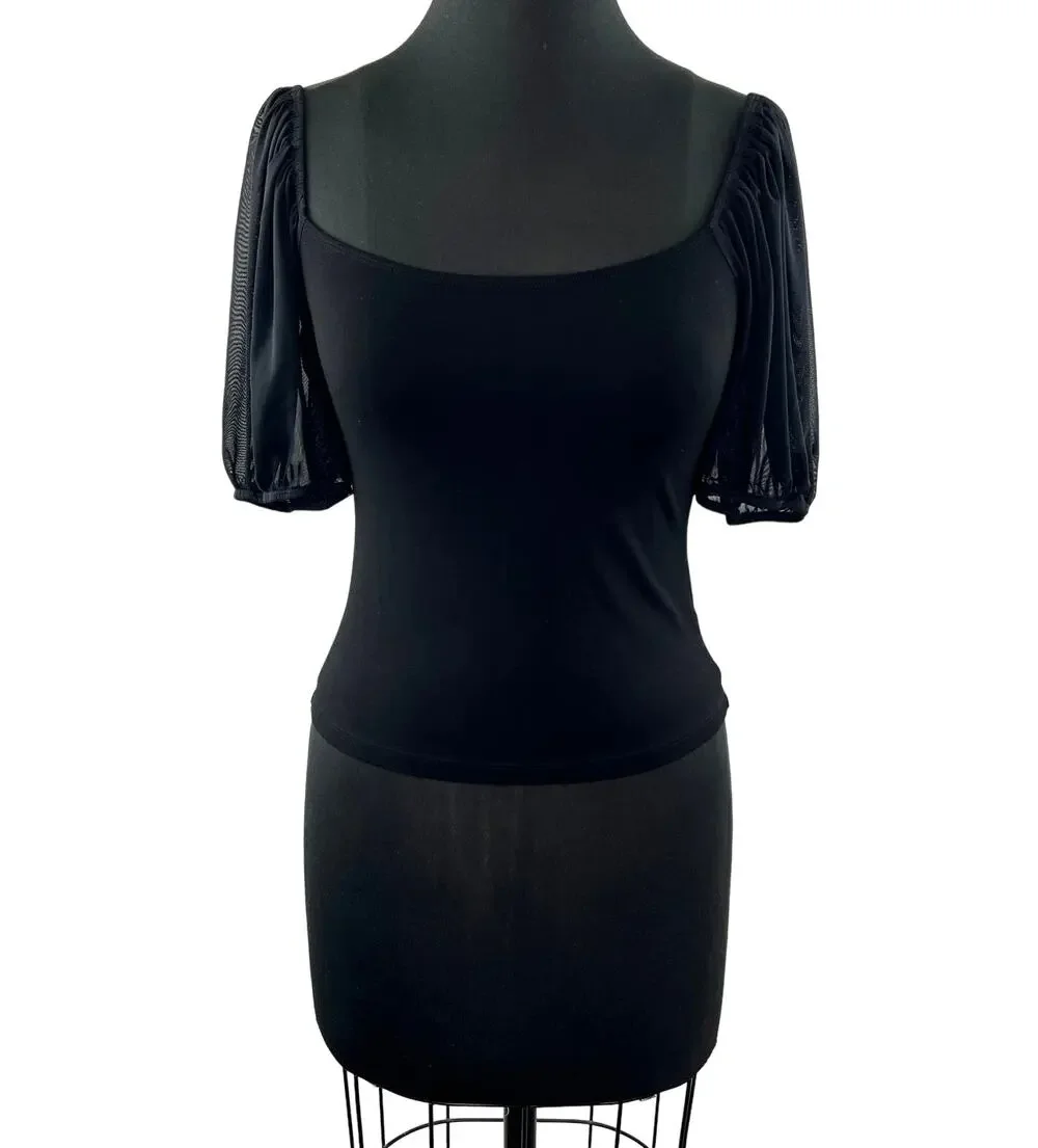 FREE PEOPLE INTIMATELY Black Mesh Puff Sleeve Rounded Square Neck Top Size M